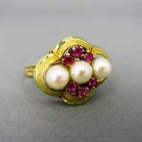 Antikschmuck für Damen - Annodazumal Antikschmuck: Vintage Damenring in Gold mit Perlen und Rubinen kaufen