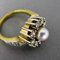 Vintage Damenring in Gold mit Perle und Diamanten