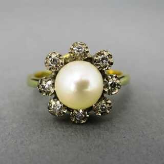 Vintage Schmuck für Damen - Annodazumal Antikschmuck: Damenring in Gold mit Perle und Diamanten kaufen