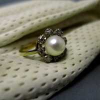 Damenring  mit Diamanten und einer weißen Perle in 585/- Gelbgold