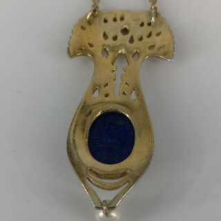 Art Nouveau Pendant and Chain in Gold Plated Silver with Lapis Lazuli
