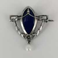 Jugendstil Brosche in Silber mit blauer Emaille und Perle