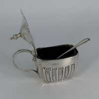 Victorian Mustard Pot in Silver with Blue Ticking and Spoon from 1897