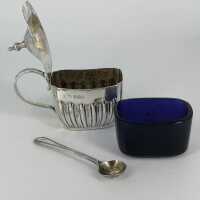 Victorian Mustard Pot in Silver with Blue Ticking and Spoon from 1897