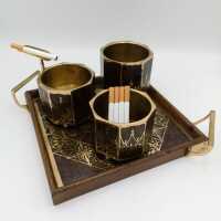 4-piece Art Nouveau Smoker Set in Rosewood and Brass Inlays
