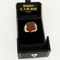Mens signet ring circa 1850 in gold with a carnelian in the shape of a coat of arms
