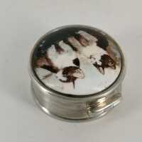 Vintage Pill Box in Silver with Cat Motif in Enamel Painting
