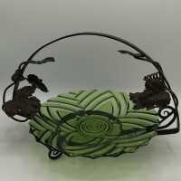 Art Deco Wrought Iron Fruit Bowl and Bottle Green Pressed Glass Bowl