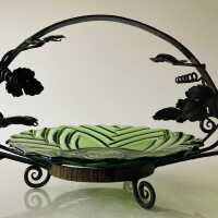 Art Deco Wrought Iron Fruit Bowl and Bottle Green Pressed Glass Bowl