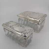 Paar wilhelminische Kristall Necessaire Dosen mit Silber Deckel