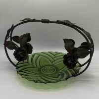 Art Deco Wrought Iron Fruit Bowl with Bottle Green Pressed Glass Bowl