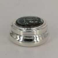 Vintage Pill Box in Silver and Motif Depiction in Fire Enamel