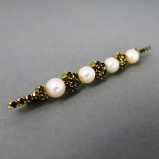 Vintage Goldschmuck für Damen - Annodazumal Antikschmuck: Brosche mit Granatsteinen und Perlen