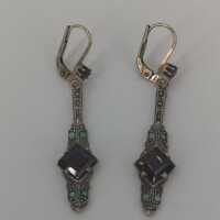Long Art Deco earrings in silver with opals and garnet stones