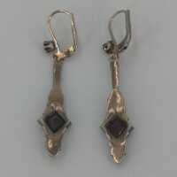Long Art Deco earrings in silver with opals and garnet stones