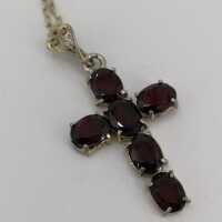 Antique cross pendant with garnet stones and long chain