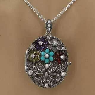 Antikschmuck für Damen - Annodazumal Antikschmuck: Vintage Medaillon in Silber mit Edelsteinen kaufen