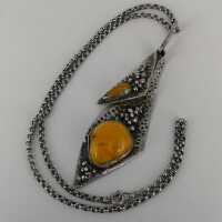 Abstract boho style amber pendant in silver