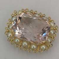 Brooch or pendant in rose gold with morganite and cultured pearls