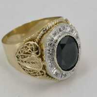 Mens signet ring in 585 gold with a black tourmaline and diamonds