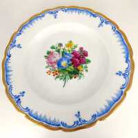 Antique KPM plate with rim painting in Prussian blue and bouquet of flowers