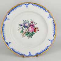 KPM plate with rim painting in Prussian blue and colourful bouquet of flowers