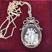 Antique necklace and medallion with black painting on mother-of-pearl disc