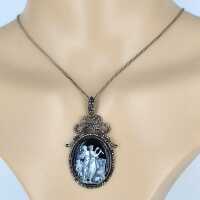 Antique necklace and medallion with black painting on mother-of-pearl disc