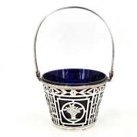 Elegant Art Nouveau basket with handle in 800 silver with blue glass insert