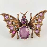 Antike Jugendstil-Schalbrosche „Schmetterling“ mit Amethyst & Perlchen – um 1900