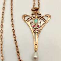 Art Nouveau necklace ‘Rubinmelodie’ with opal & pearl in gold-plated silver – circa 1900