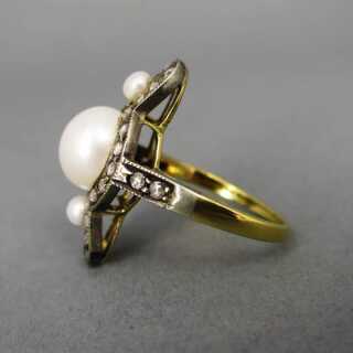Art Deco Damenring 20er Jahre, in Gold mit Diamanten und Perlen besetzt - Annodazumal Antikschmuck