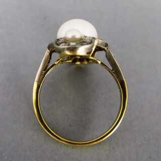 Art Déco gold ring with pearls and diamonds