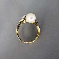 Bypass gold ring with diamonds and pearls