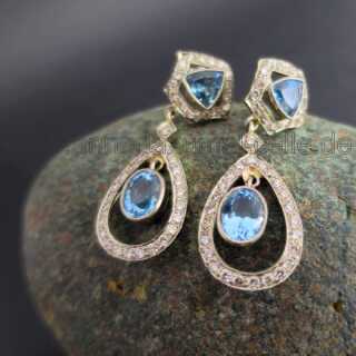 Art Deco White Gold Earrings with Diamonds and Aquamarines