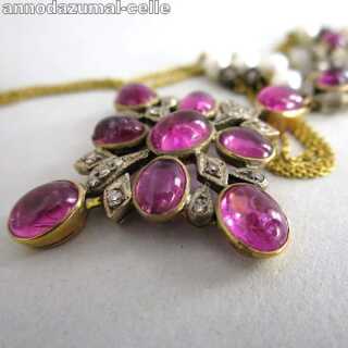 Wonderful Art Nouveau necklace with tourmaline, diamonds and pearls