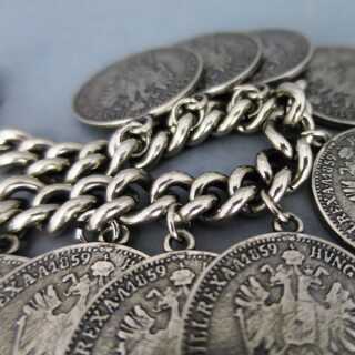 Silbernes vntage Armband mit 11 Ziermünzen Österreich Ungarn Florin
