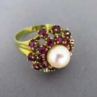 Ruby and pearl cluster ring in 14 k gold