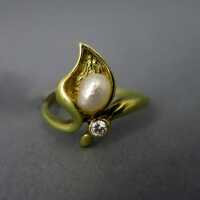 Unikat Goldring für Damen abstrakte Blüte mit Brillant und Perle vintage Schmuck