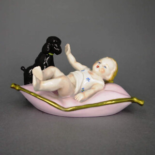 Porcelain figure baby with dog Thuringia Sitzendorf