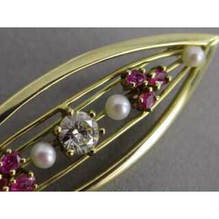 Modernist gold brooch with diamonds, rubies and pearls