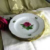 Antique porcelain plate pink rose decor Meissen victorian hand painted gilded