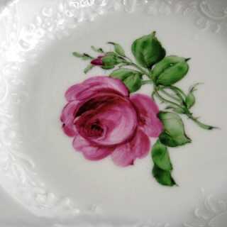 Antique soup plate with pink rose motif Meissen porcelain hand painted gilded
