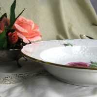 Antique soup plate with pink rose motif Meissen porcelain hand painted gilded