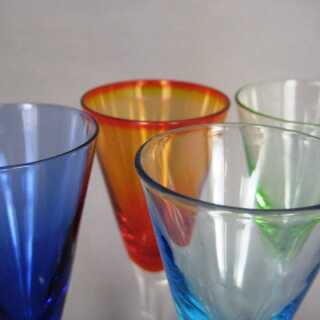 4 liqueur glasses in four different colors red blue green handmade vintage