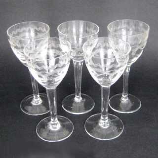 5 delicate transparent liqueur glasses with weave engraving late Art Deco