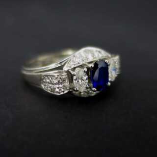 Vintage white gold ring with sapphire and diamonds