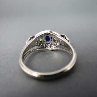 Vintage white gold ring with sapphire and diamonds
