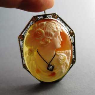 Magnificent Shell Cameo Pendant with Diamond and White Gold Setting