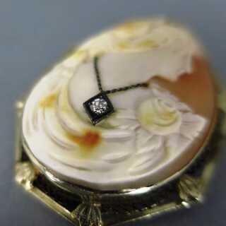 Magnificent Shell Cameo Pendant with Diamond and White Gold Setting